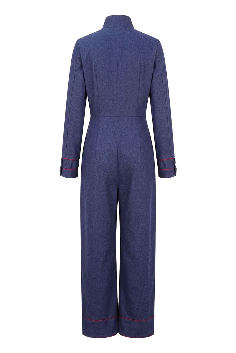 Kombinezon denim | Szerokie nogawki, długie rękawy, stójka