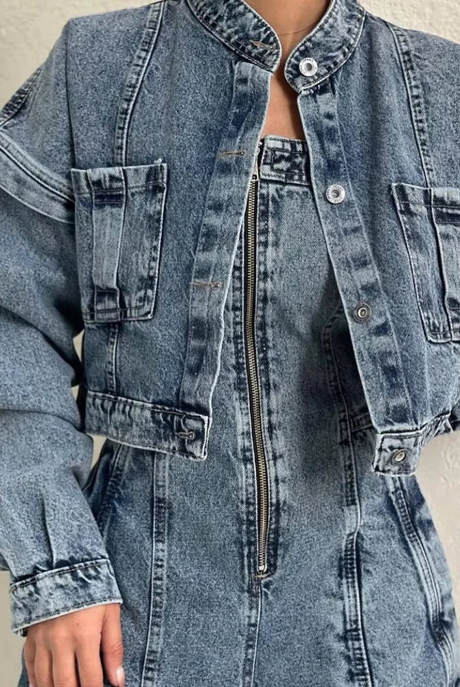 Kombinezon damski | Denim z pilotem, zamek błyskawiczny