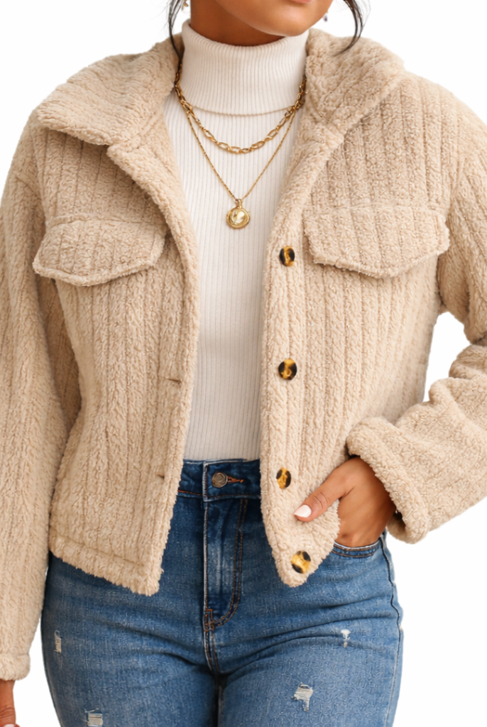 Sweter rozpinany | Miękka tekstura teddy, krótki krój