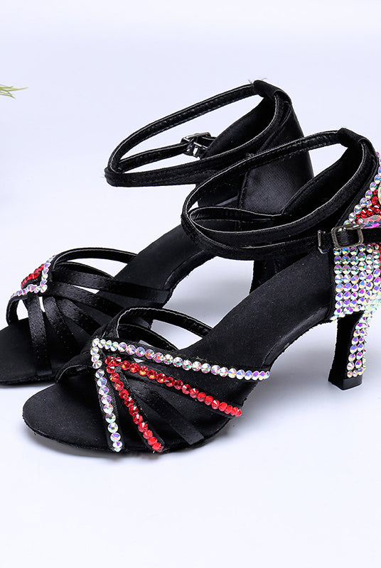 Buty do Tańca Latynoskiego | Satyna z Kryształkami, Obcas Średnio-Wysoki