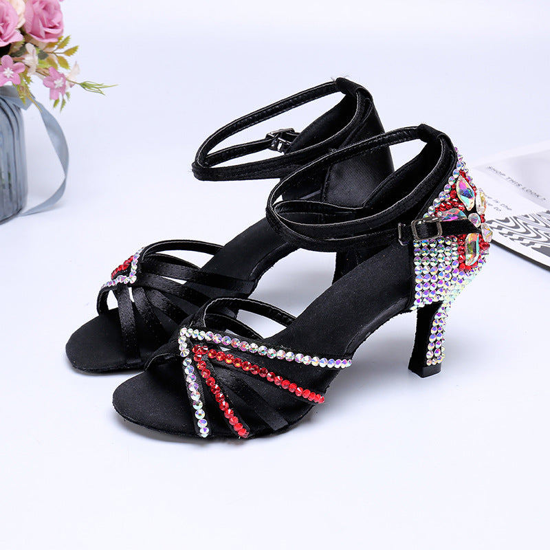 Buty do Tańca Latynoskiego | Satyna z Kryształkami, Obcas Średnio-Wysoki