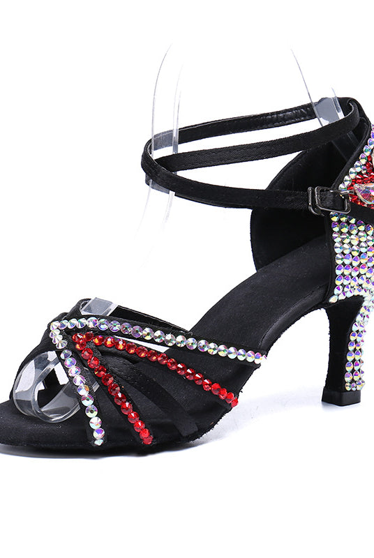 Buty do Tańca Latynoskiego | Satyna z Kryształkami, Obcas Średnio-Wysoki