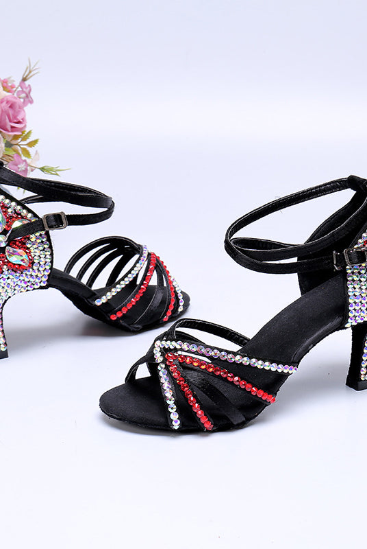 Buty do Tańca Latynoskiego | Satyna z Kryształkami, Obcas Średnio-Wysoki