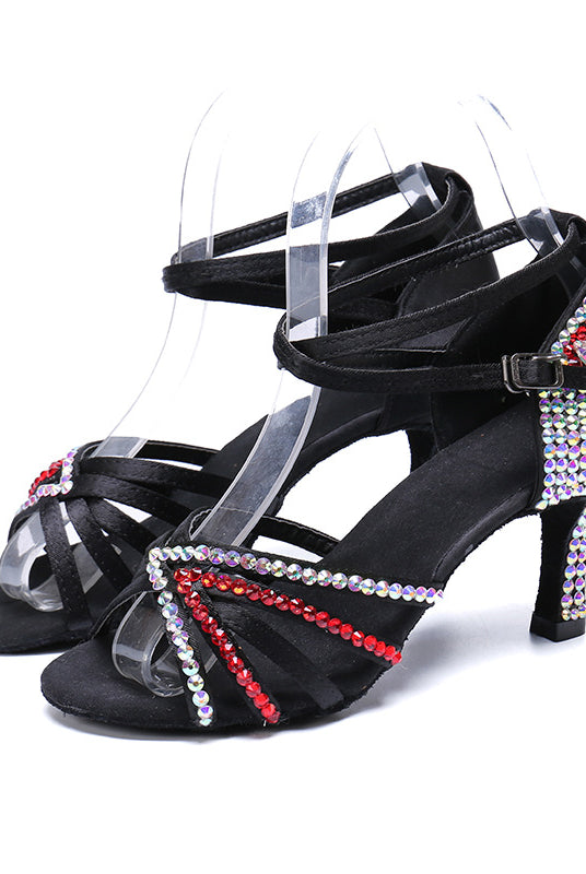 Buty do Tańca Latynoskiego | Satyna z Kryształkami, Obcas Średnio-Wysoki
