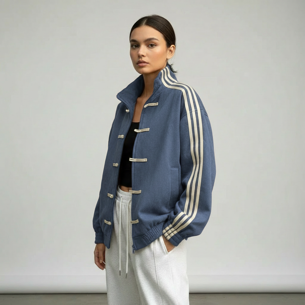 Damska bluza dresowa retro sportowa z guzikami i kontrastującymi paskami