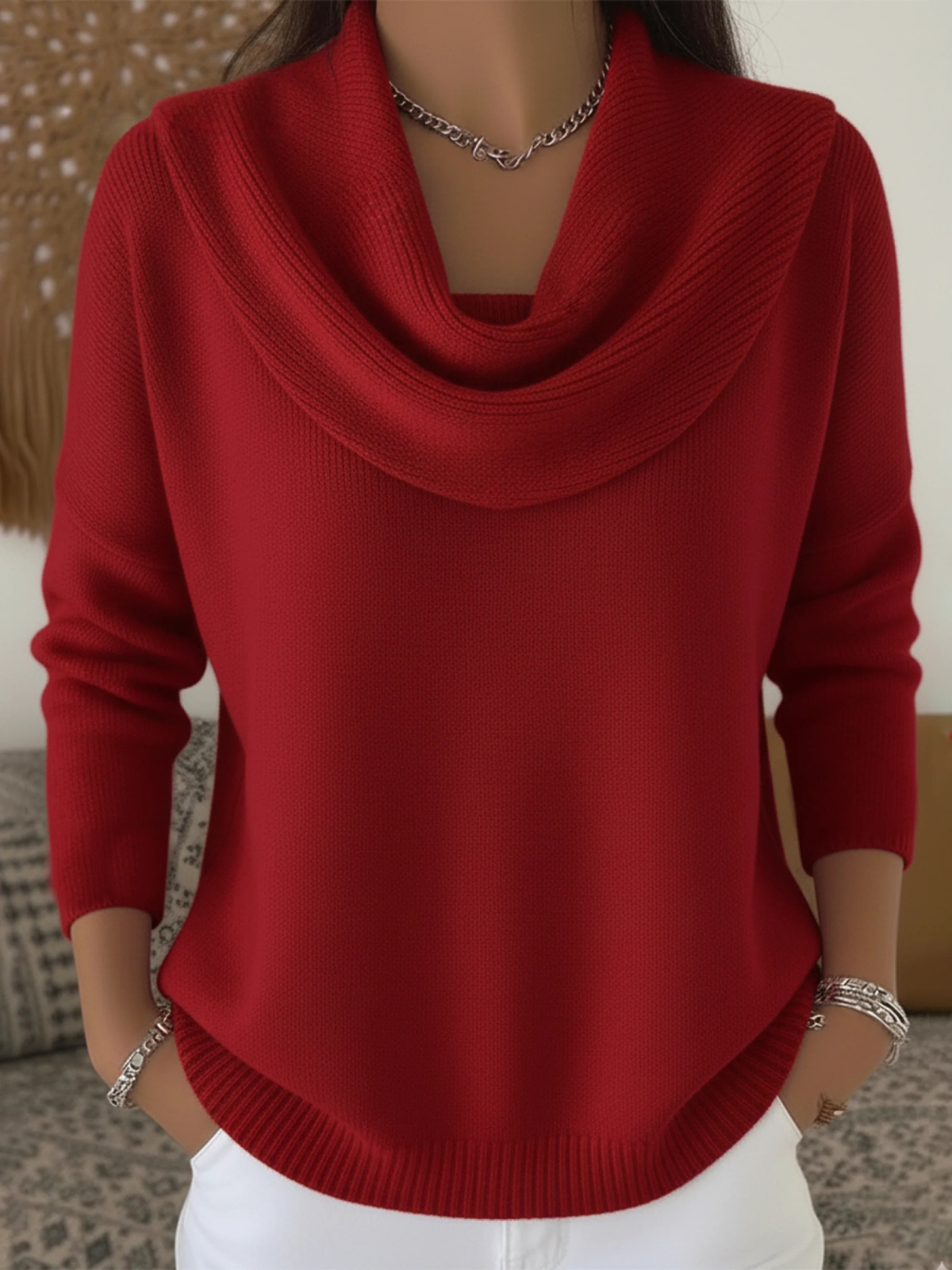 Damski Sweter Wełna Merino Długi Rękaw Cowl Neck