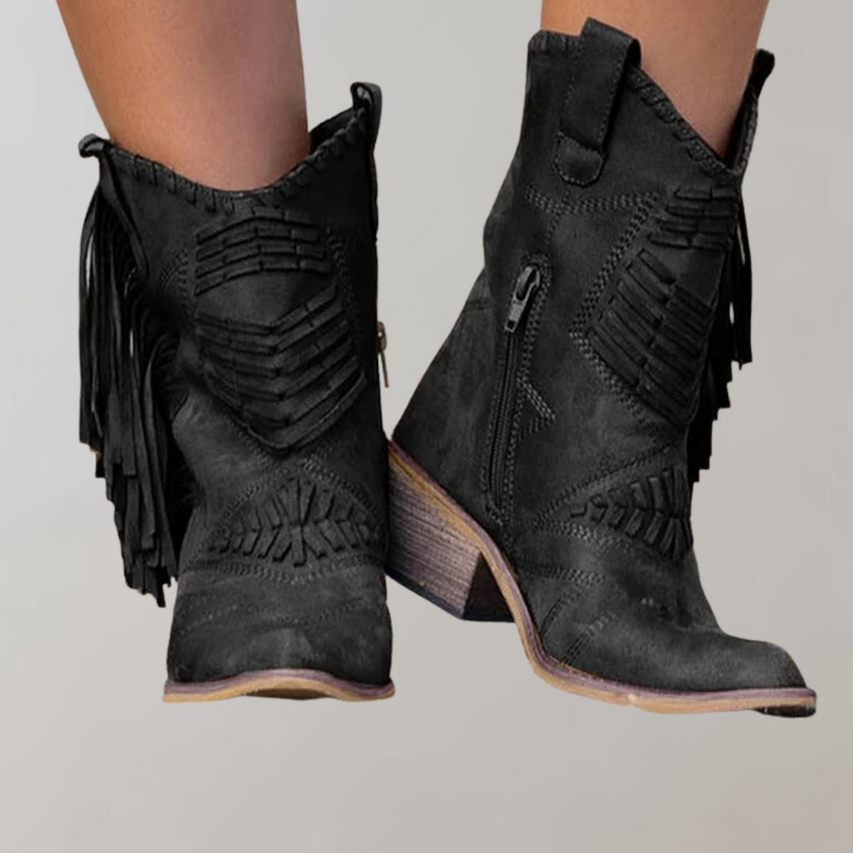 Buty damskie ze frędzlami kowbojskie czarne eleganckie
