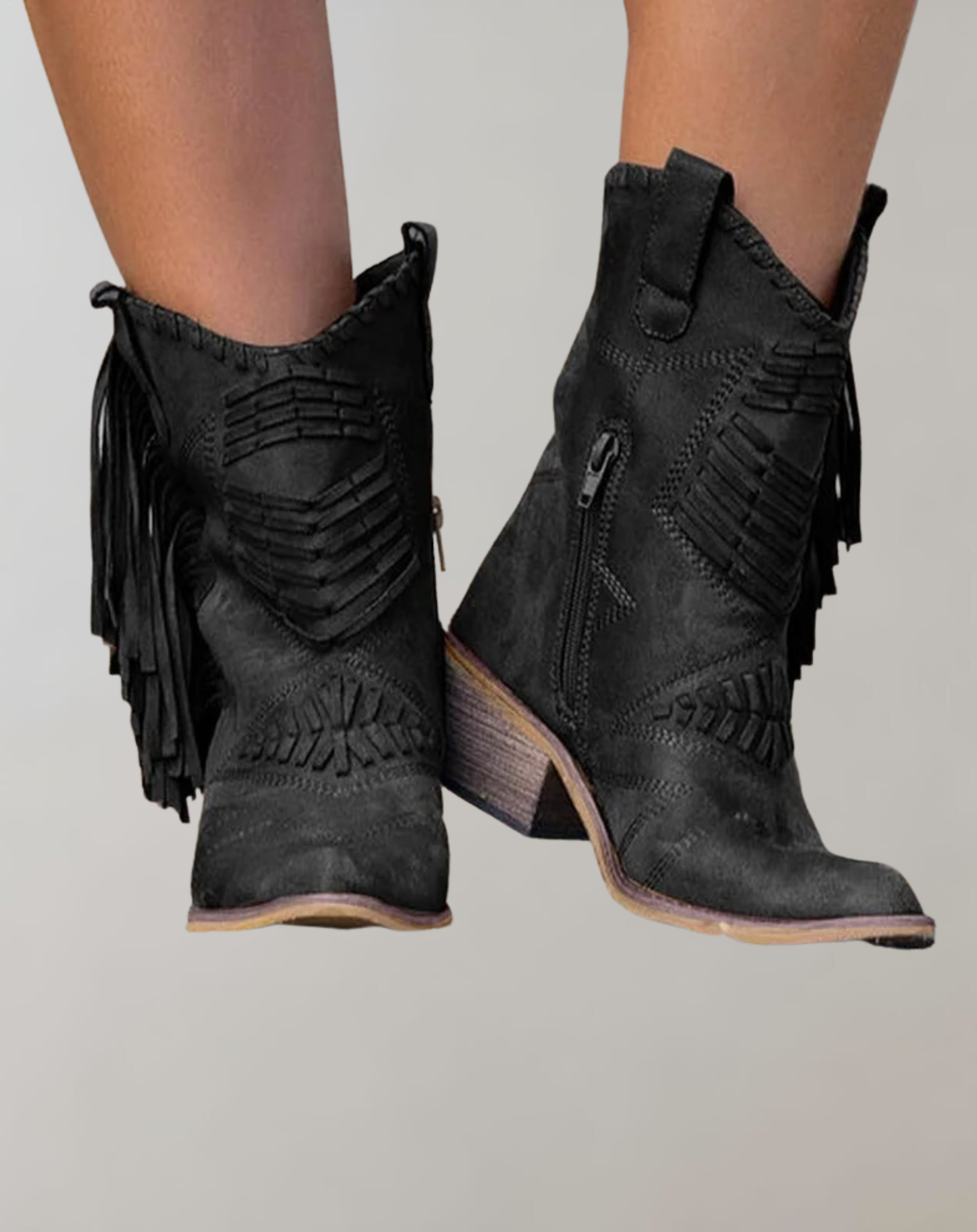 Buty damskie ze frędzlami kowbojskie czarne eleganckie