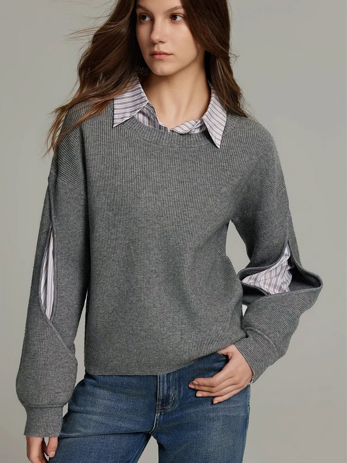 Damski Sweter Prążkowany Colorblock Nowoczesny