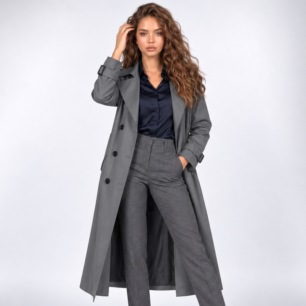 Trencz damski | Klasyczny długi płaszcz dwurzędowy | Elegancki fason