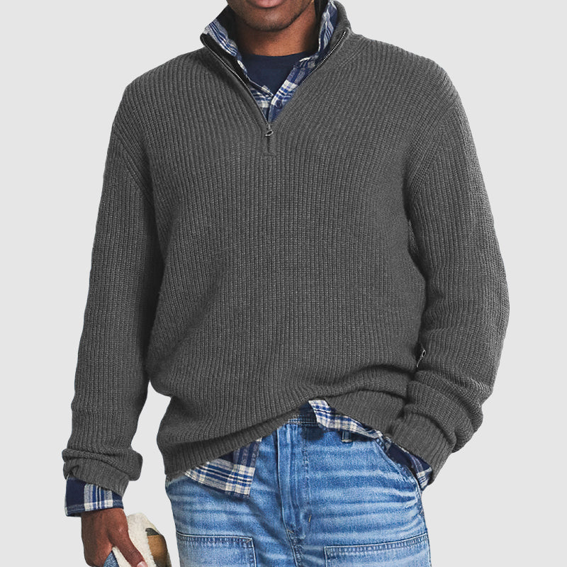 Męski kaszmir-lookowy sweter - business-casual - z zamkiem błyskawicznym