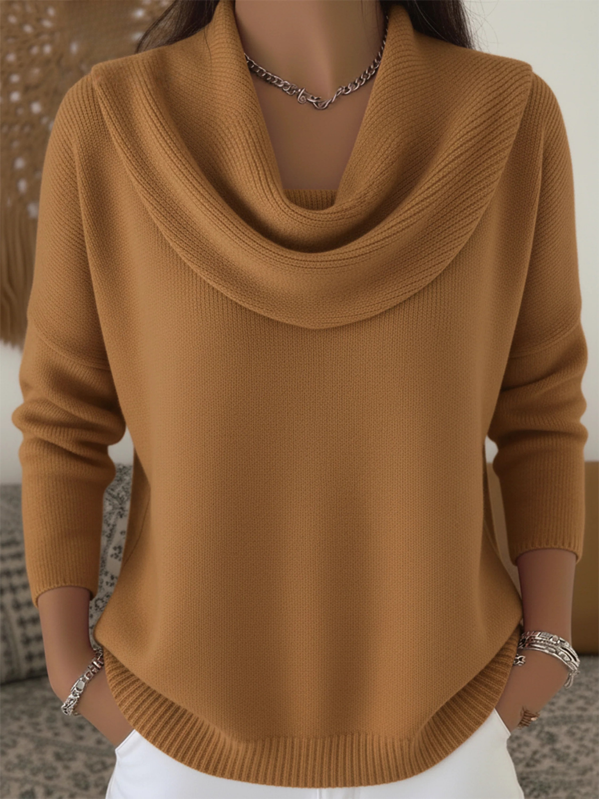 Damski Sweter Wełna Merino Długi Rękaw Cowl Neck