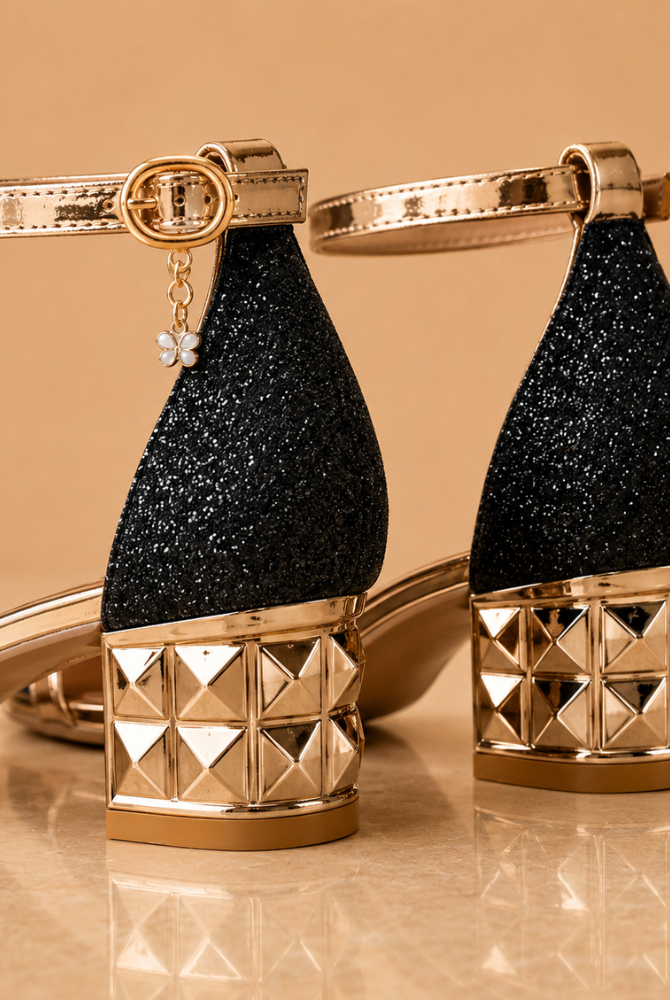 Sandały damskie | Cekinowe, niski obcas | Eleganckie sandały z paskiem