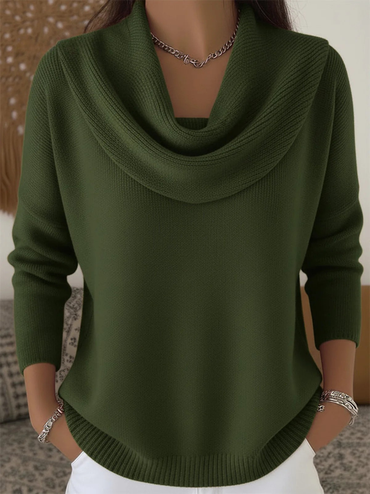Damski Sweter Wełna Merino Długi Rękaw Cowl Neck