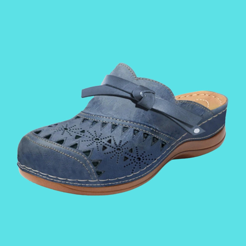 Women flat mules with bow detail slip on cushioned perforated finish