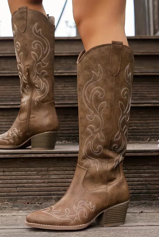 Kowbojskie Buty Damskie | Zamsz, Haft, Średni Obcas