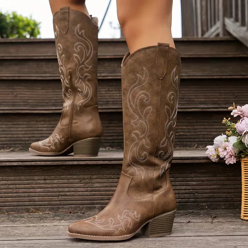 Kowbojskie Buty Damskie | Zamsz, Haft, Średni Obcas