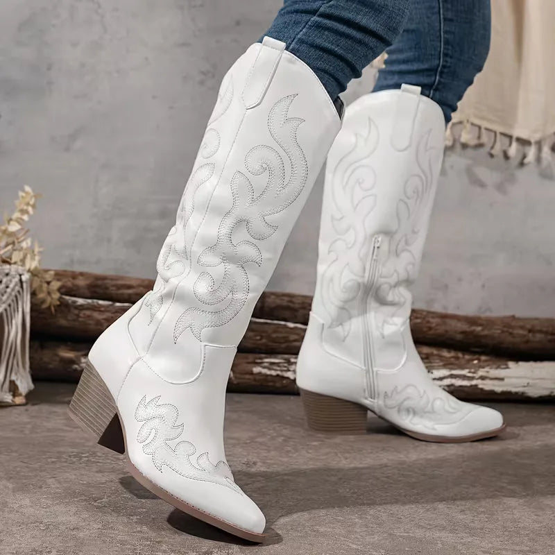 Kowbojskie Buty Damskie | Zamsz, Haft, Średni Obcas
