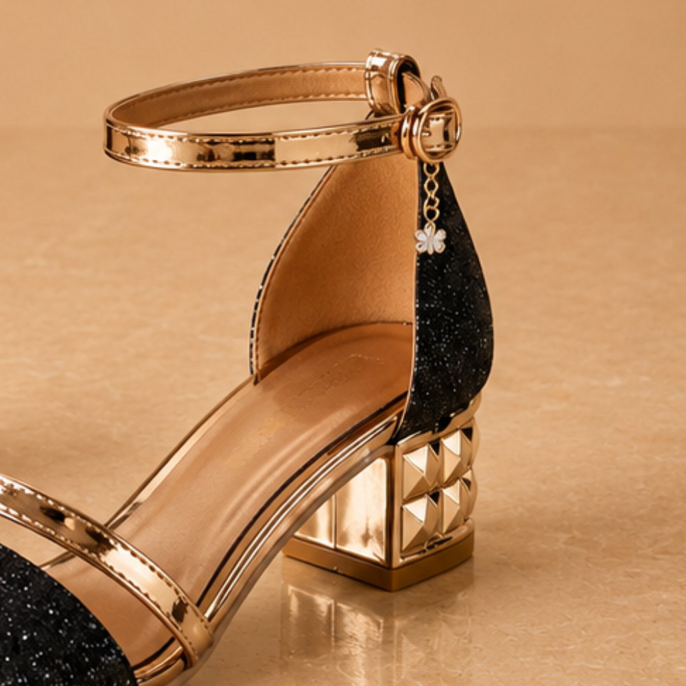Sandały damskie | Cekinowe, niski obcas | Eleganckie sandały z paskiem
