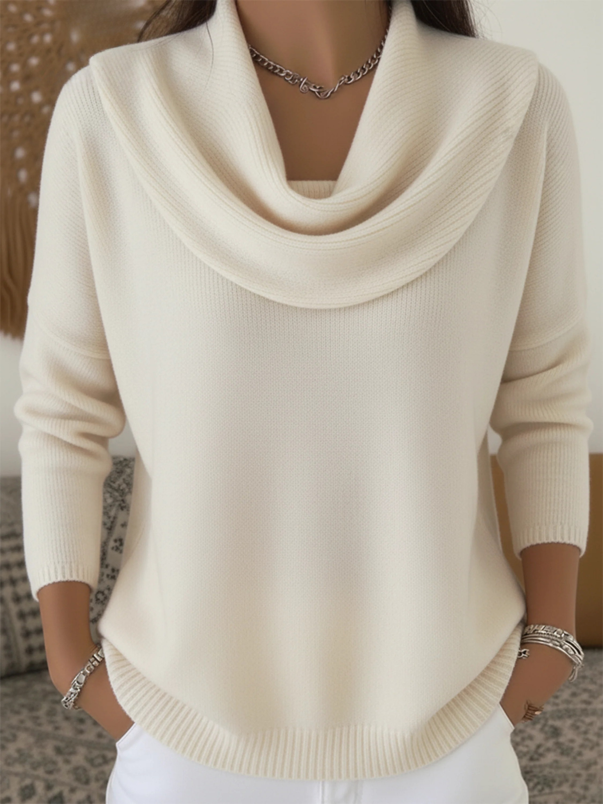 Damski Sweter Wełna Merino Długi Rękaw Cowl Neck