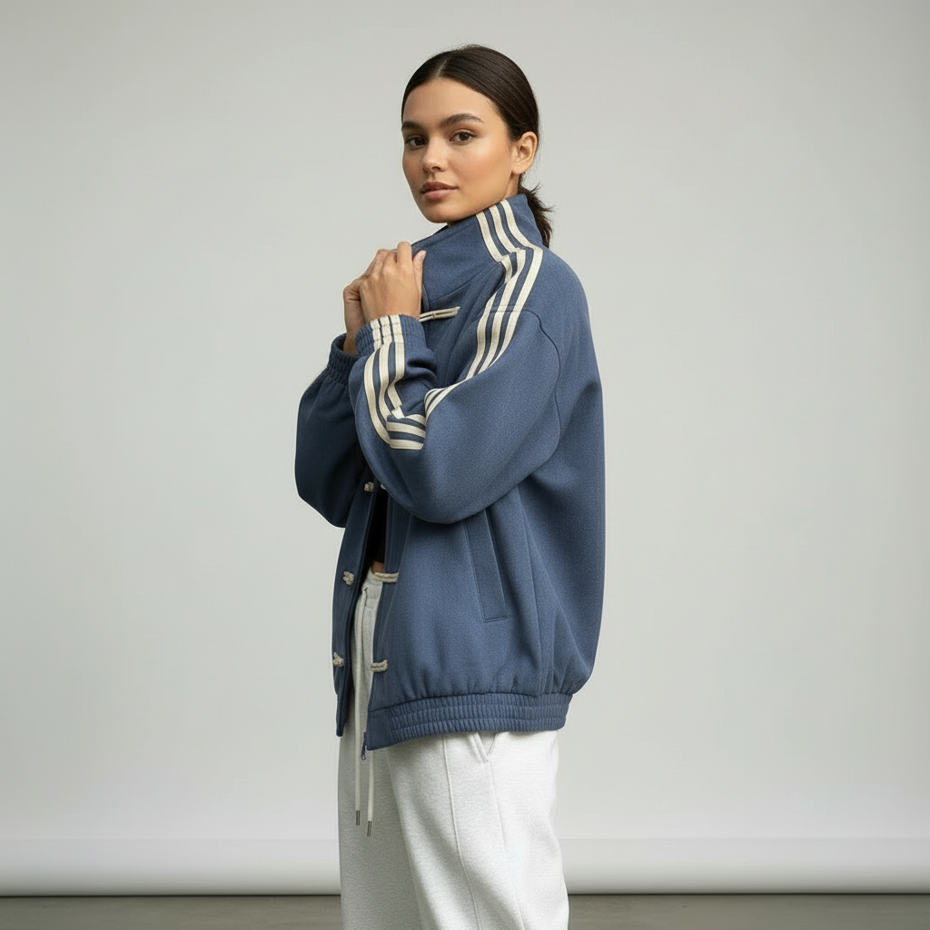 Damska bluza dresowa retro sportowa z guzikami i kontrastującymi paskami