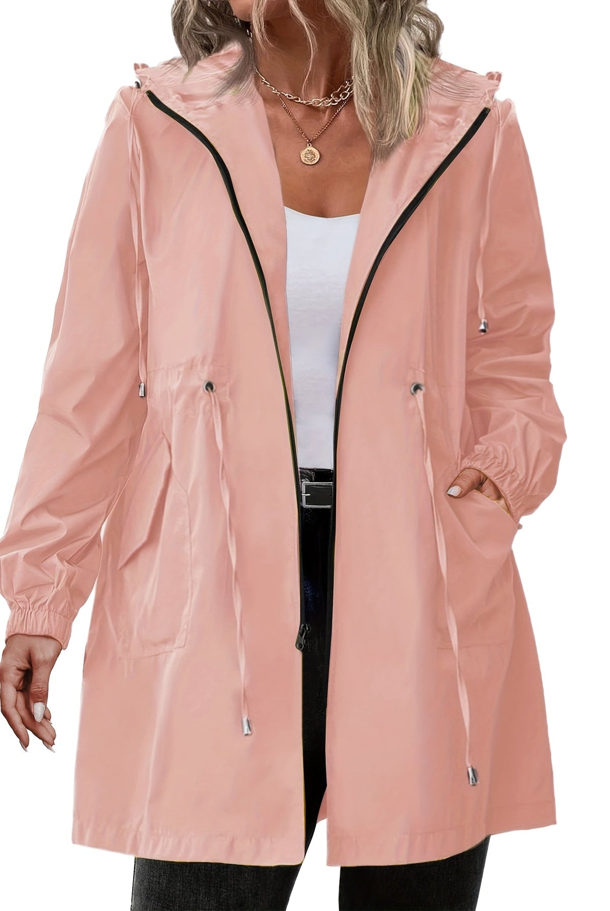 Płaszcz Przeciwdeszczowy Damski Plus Size | Kaptur, Zamek | Wielokolorowy