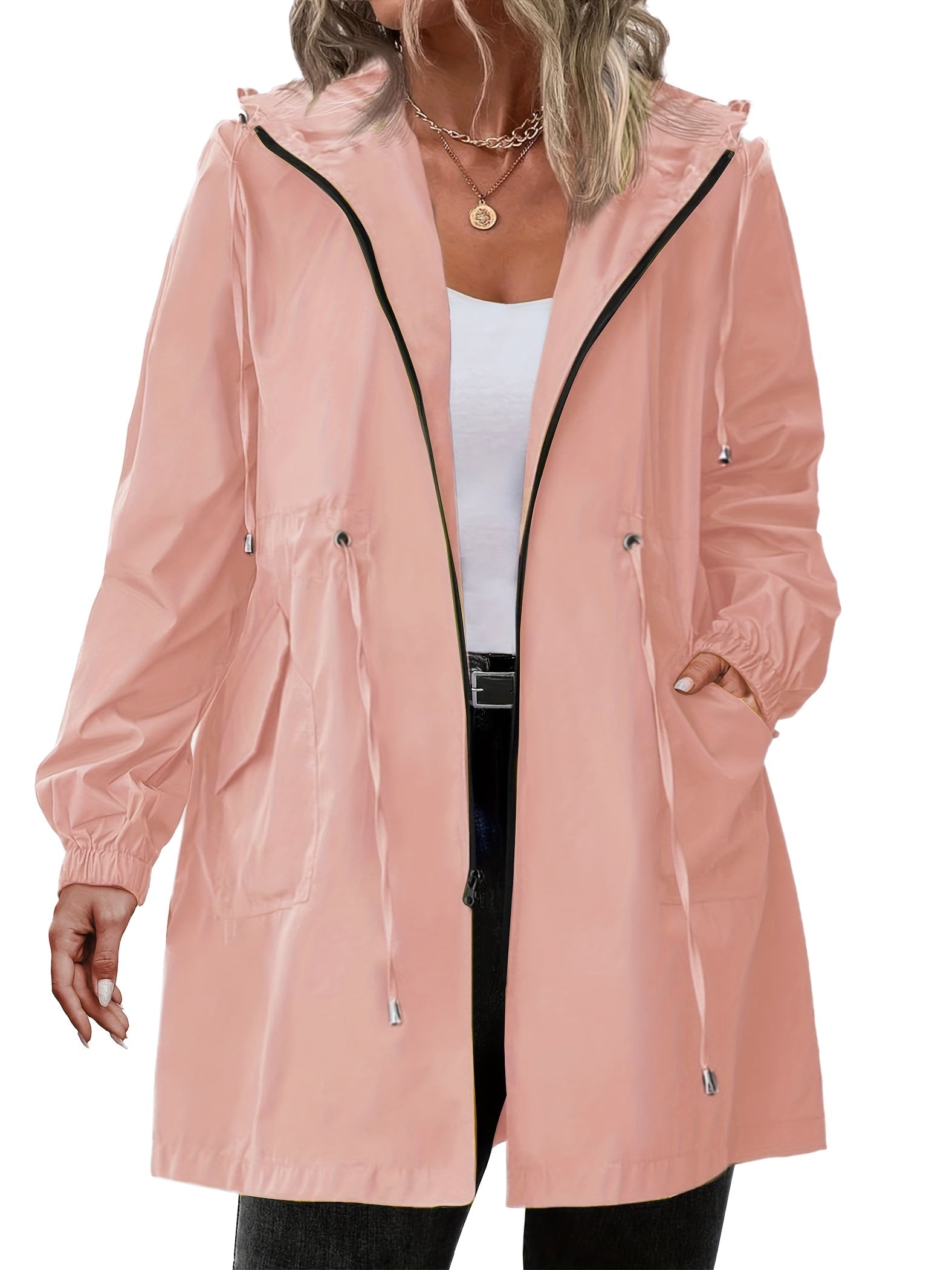 Płaszcz Przeciwdeszczowy Damski Plus Size | Kaptur, Zamek | Wielokolorowy