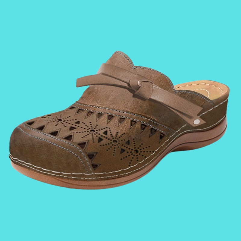 Women flat mules with bow detail slip on cushioned perforated finish