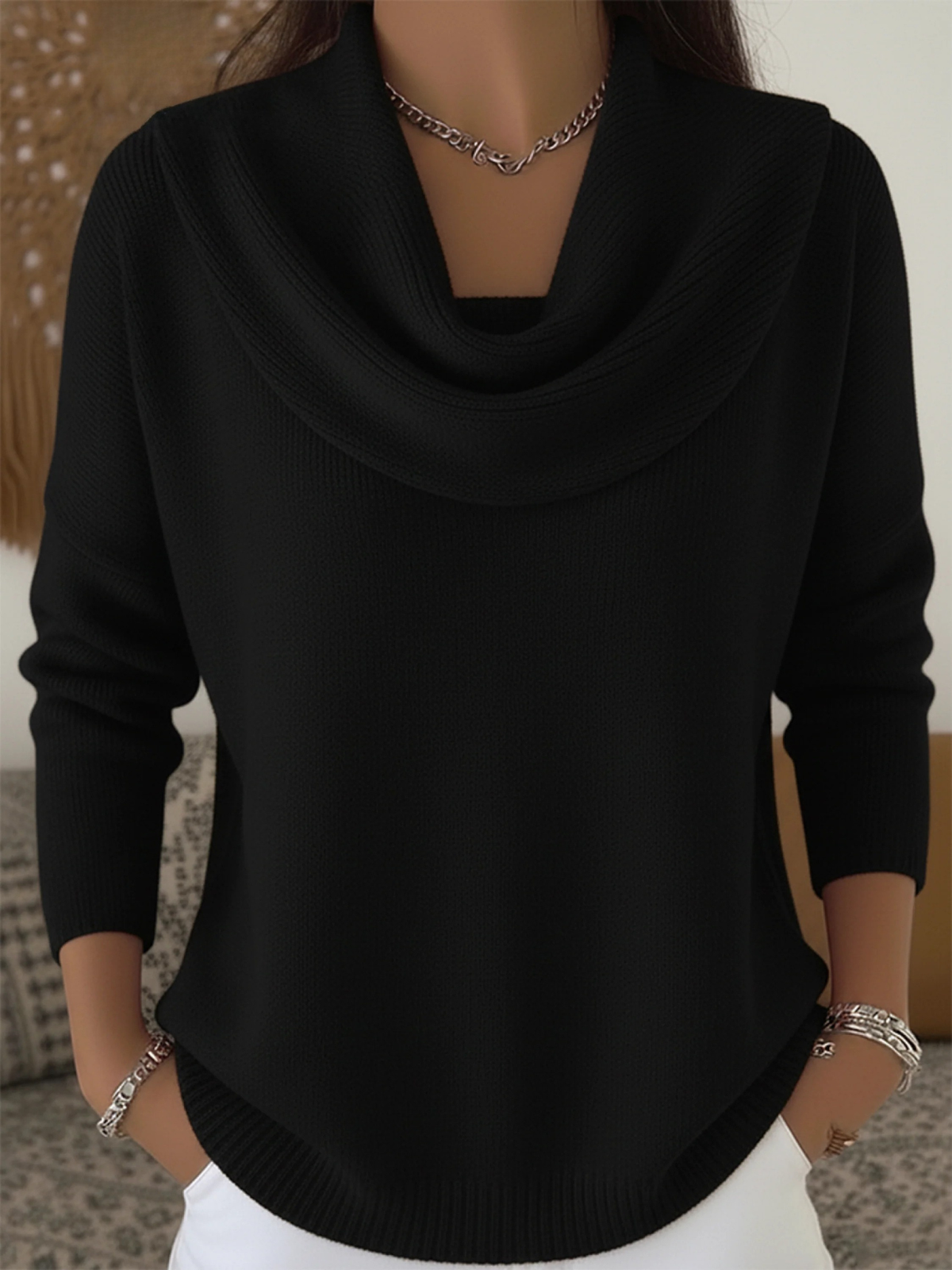 Damski Sweter Wełna Merino Długi Rękaw Cowl Neck