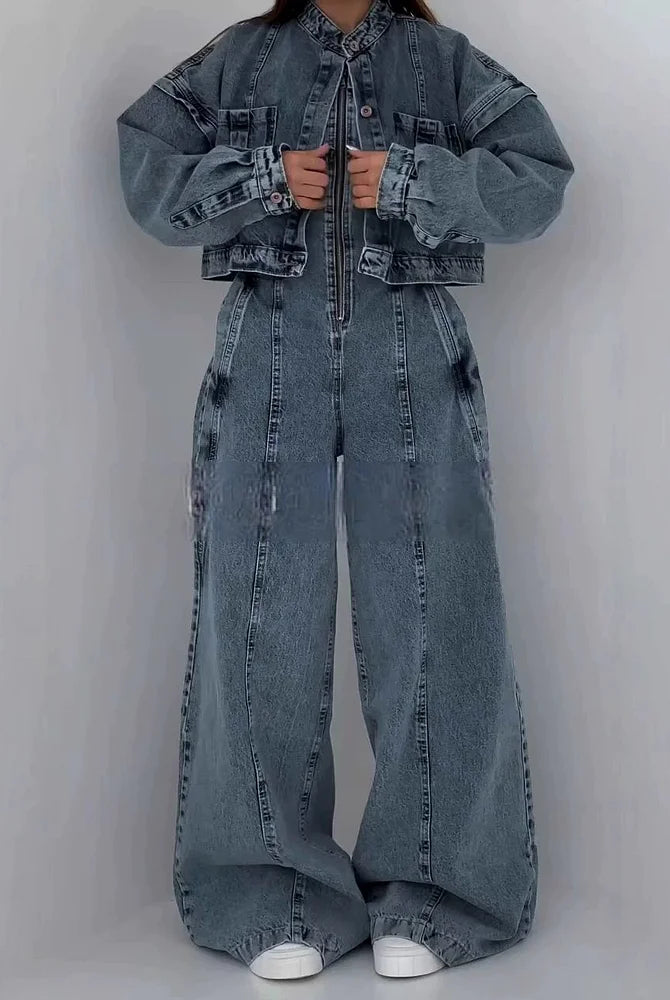 Kombinezon damski | Denim z pilotem, zamek błyskawiczny