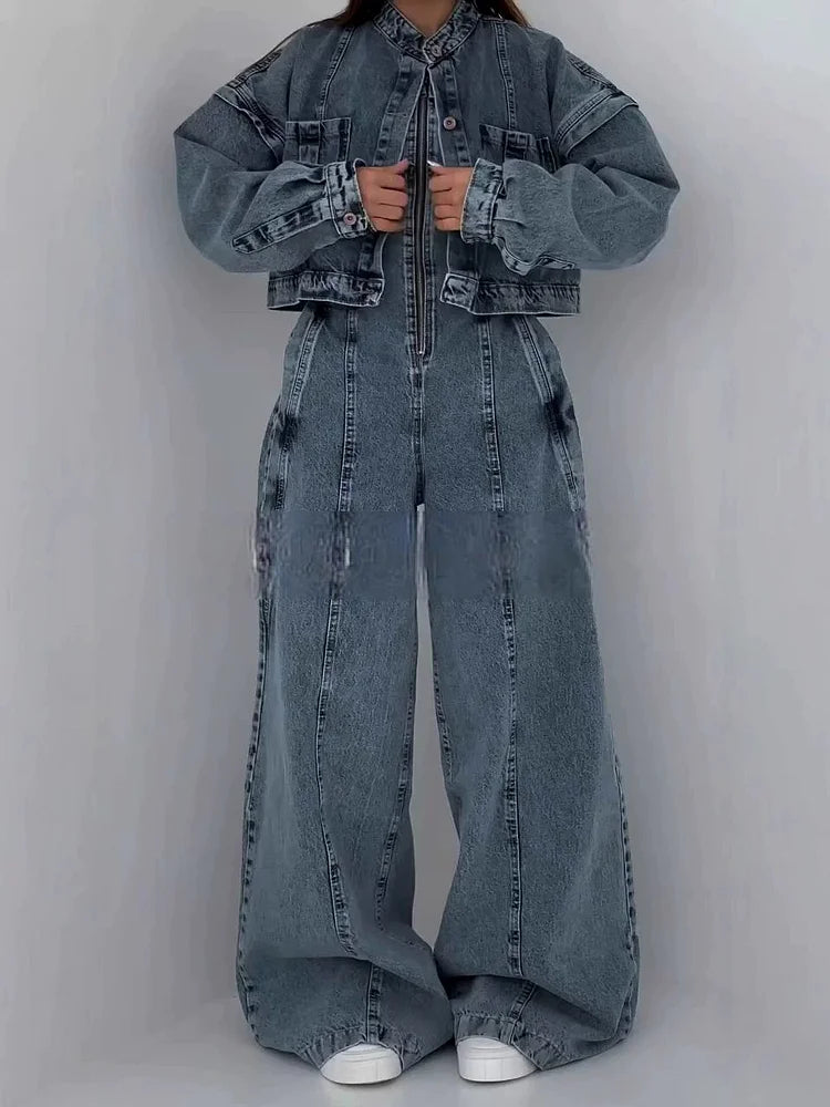 Kombinezon damski | Denim z pilotem, zamek błyskawiczny