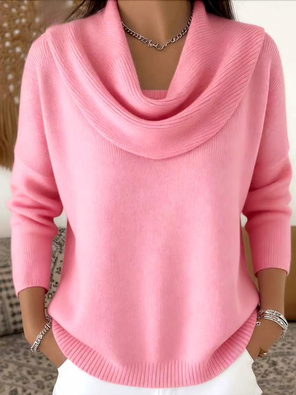 Damski Sweter Wełna Merino Długi Rękaw Cowl Neck