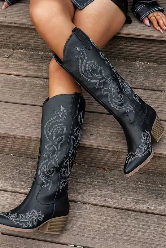 Kowbojskie Buty Damskie | Zamsz, Haft, Średni Obcas