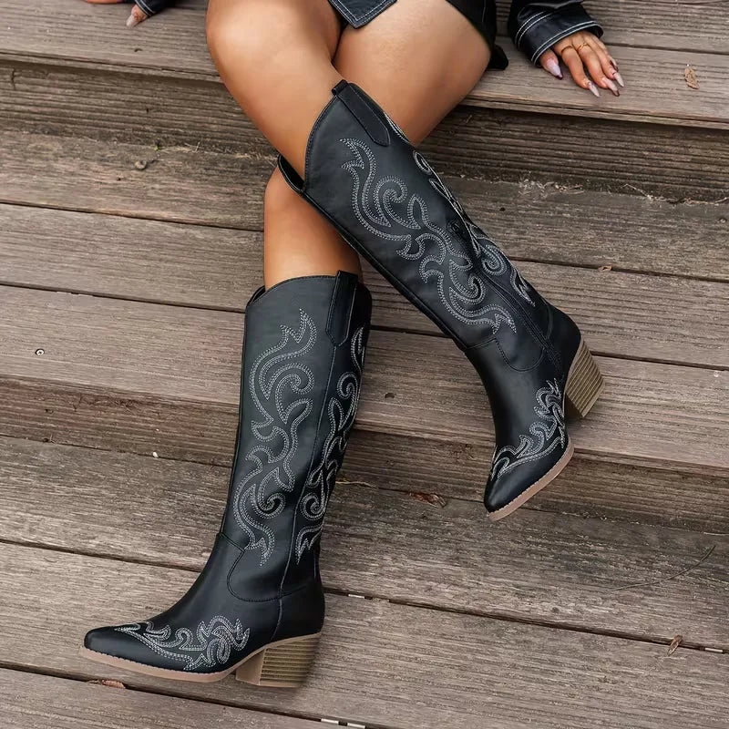 Kowbojskie Buty Damskie | Zamsz, Haft, Średni Obcas