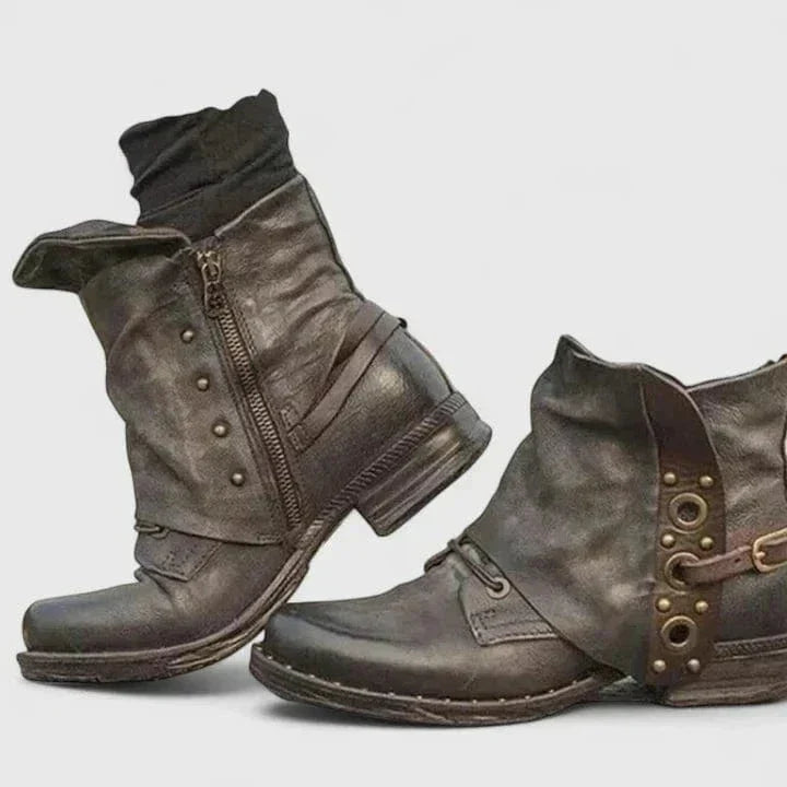 Damskie botki z klamrą vintage niski obcas boczny zamek