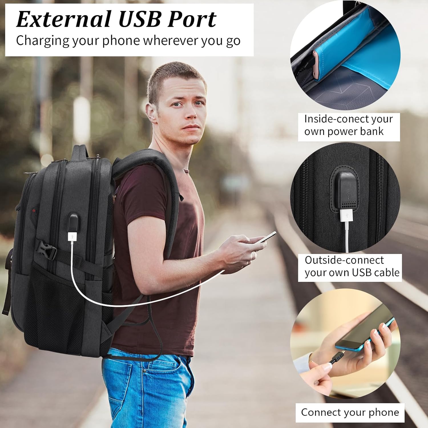 Plecak na Laptopa | Wodoodporny, Port USB | Torba Podróżna, Przedziały Organizacyjne