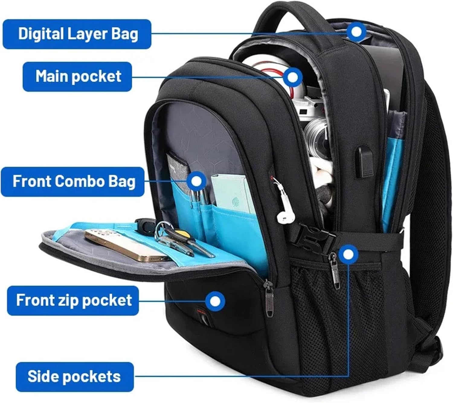 Plecak na laptopa | Wodoodporny, port USB | wyściełana kieszeń na laptopa 15.6