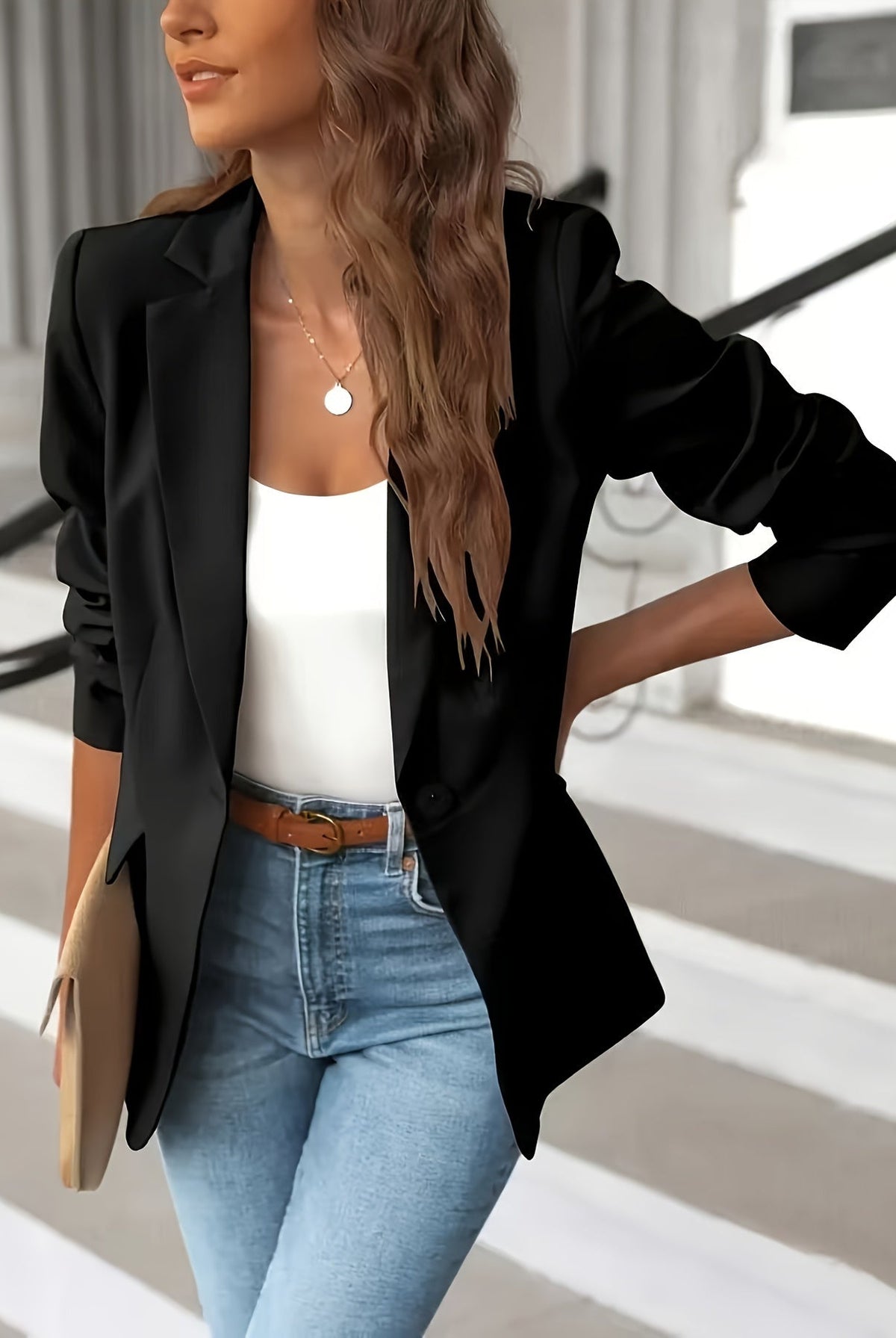 Blazer damski | Krój dopasowany, casual-chic | Poliester