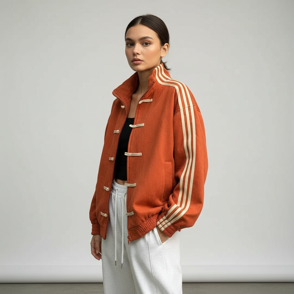 Damska bluza dresowa retro sportowa z guzikami i kontrastującymi paskami