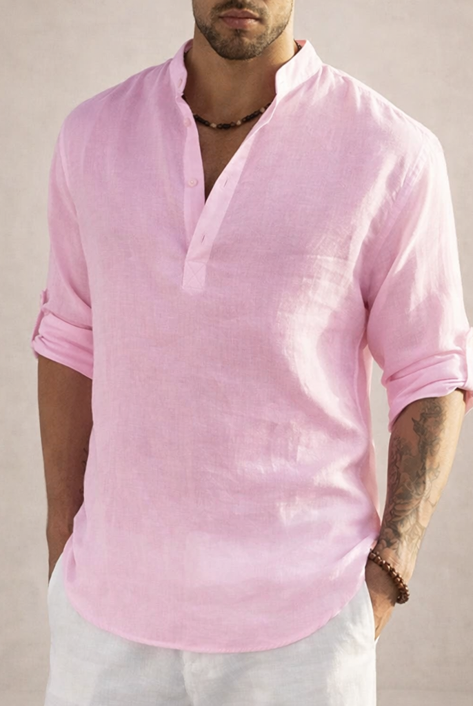 Koszula Lniana Męska Regular Fit Oddychająca Stojąca Kołnierz Długie Rękawy