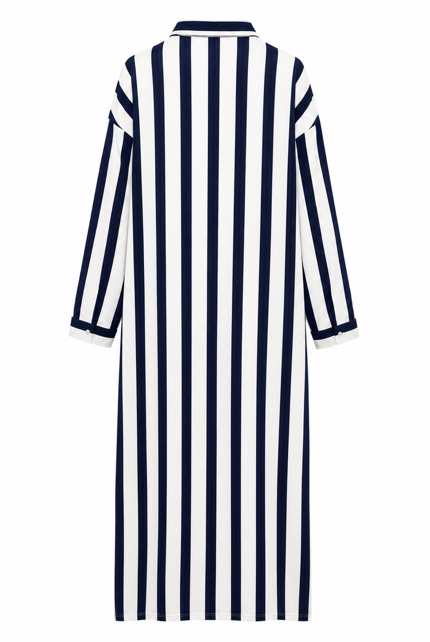 Damska Sukienka Maxi w Paski z Kołnierzem Koszulowym i Kieszeniami | Oversize | Letnia