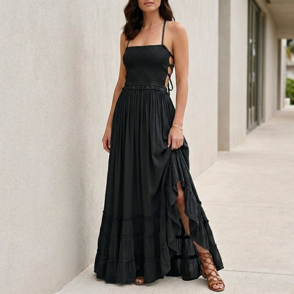 Sukienka Maxi | Otwarte Plecy, Zbierany Top | Letni Styl Boho