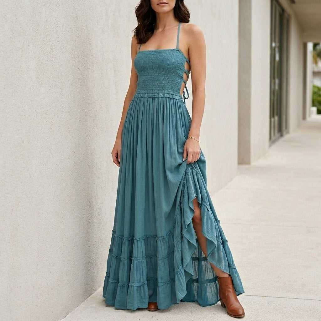 Sukienka Maxi | Otwarte Plecy, Zbierany Top | Letni Styl Boho