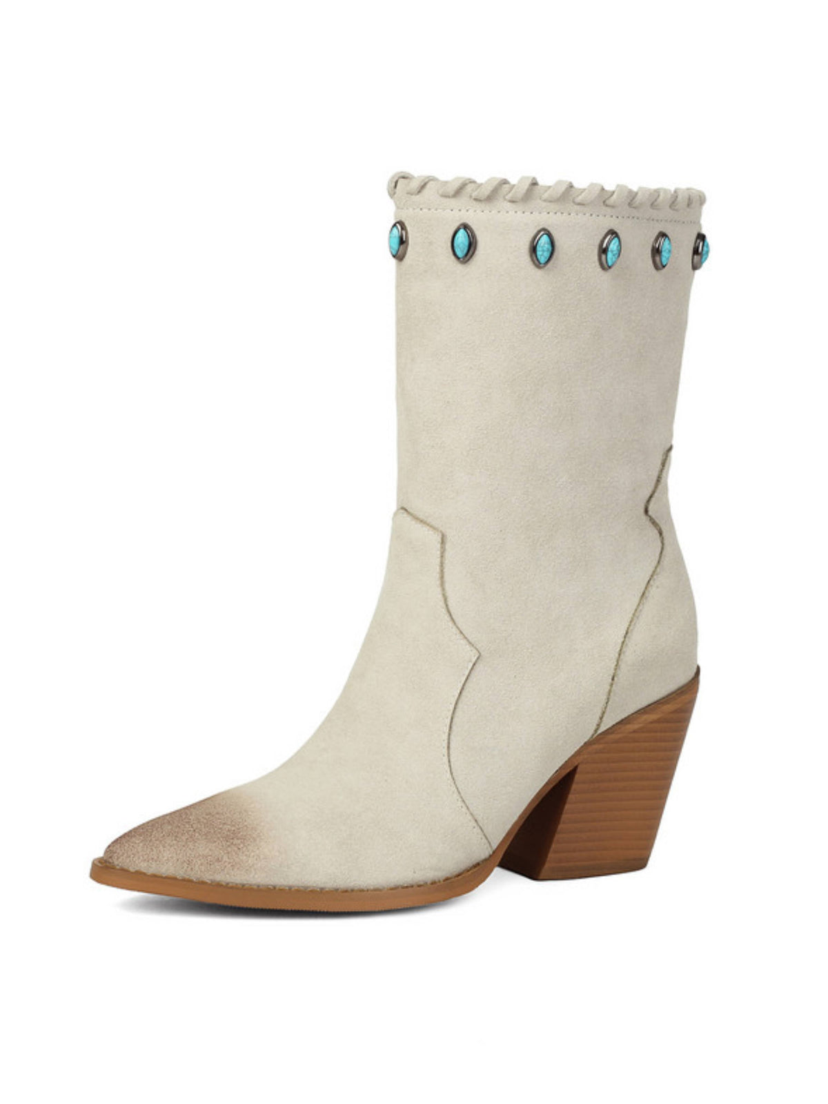 Damskie botki kowbojskie kremowe pointy toe z nitami turkusowymi plus size