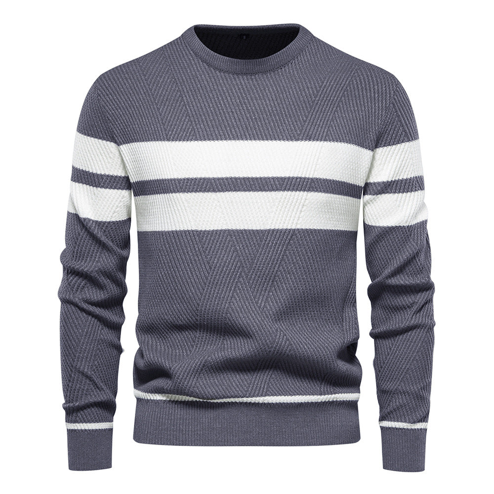 Męski sweter w paski - okrągły dekolt - klasyczny nowoczesny