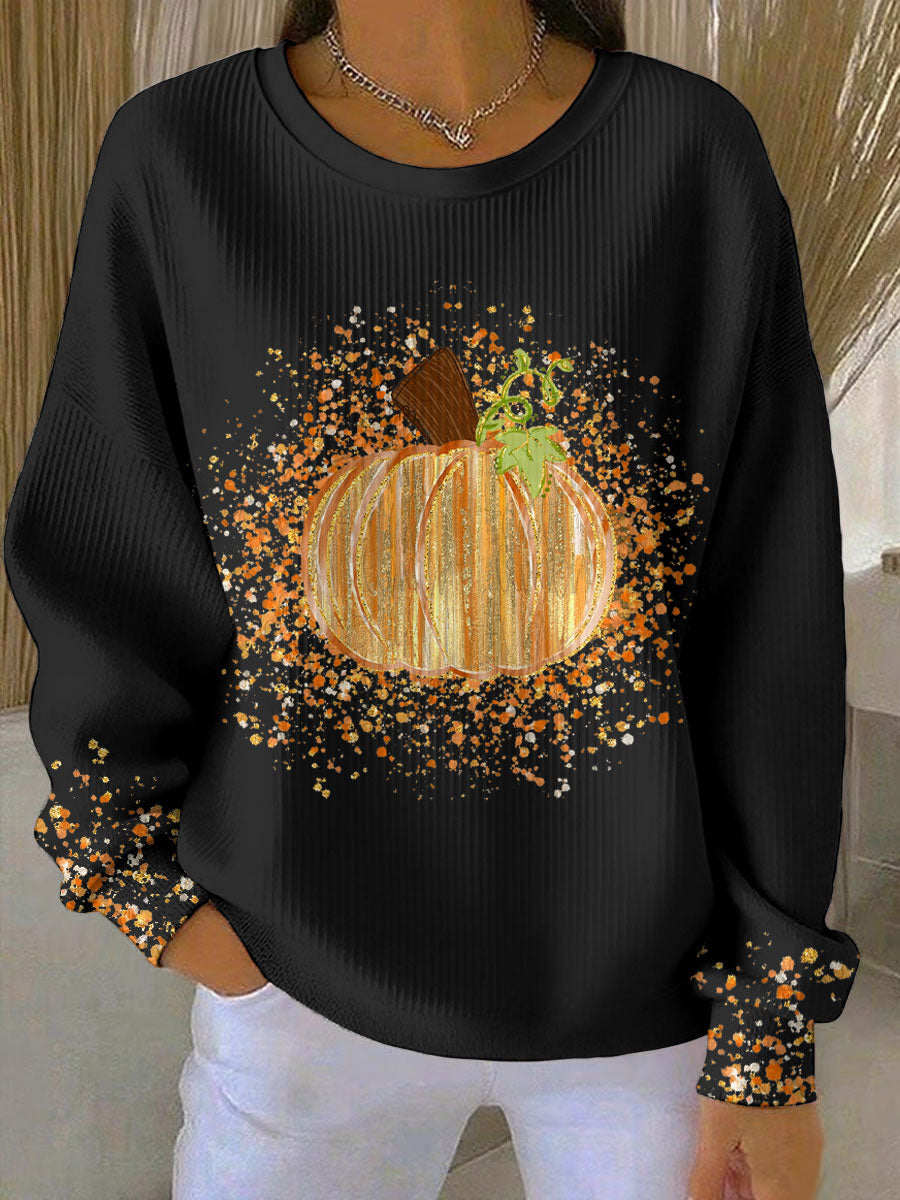 Damski sweter Halloween oversized z nadrukiem dyni i okrągłym dekoltem