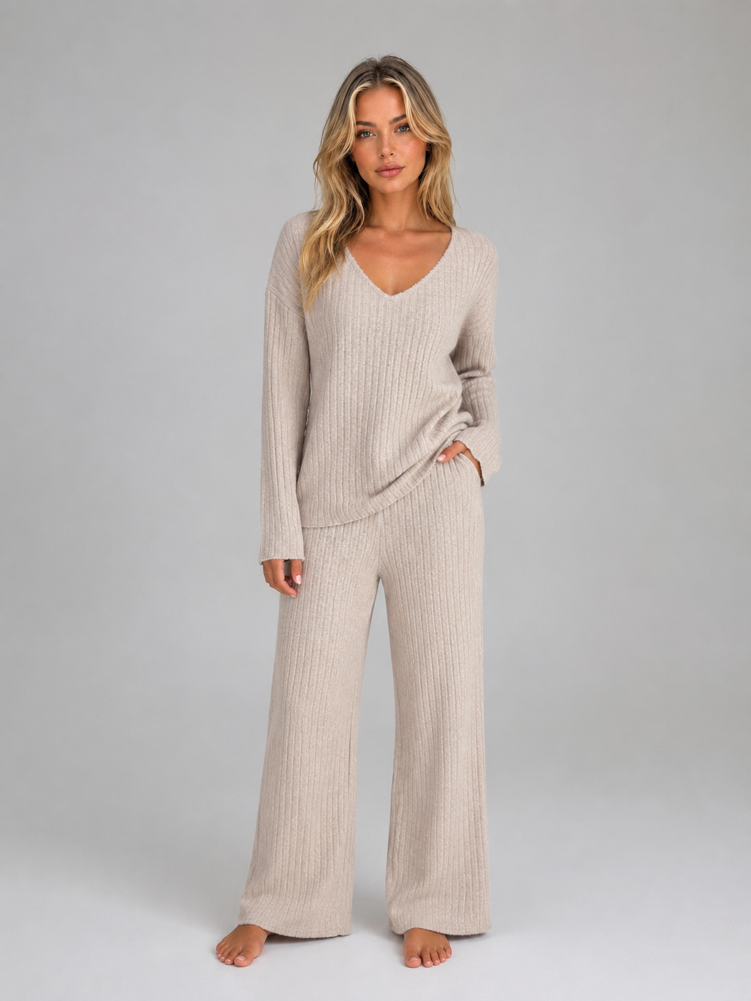 Zestaw Loungewear Damski Dzianina Kołnierz V Spodnie Szerokie