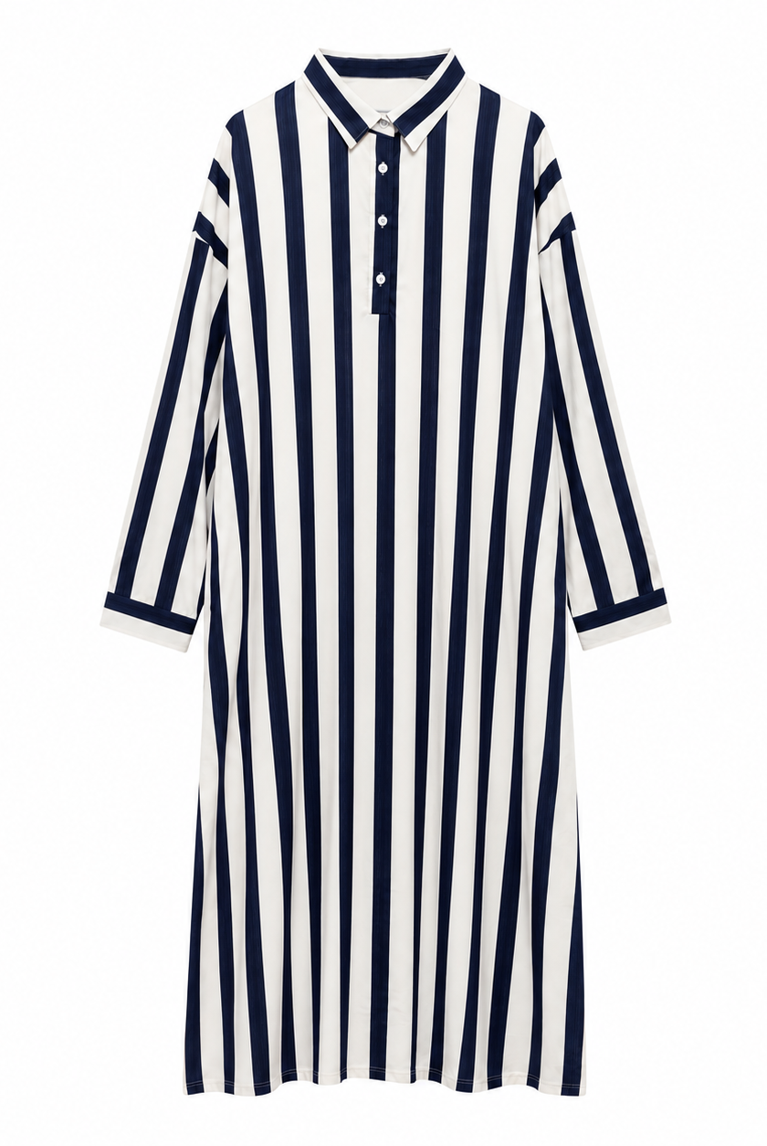 Damska Sukienka Maxi w Paski z Kołnierzem Koszulowym i Kieszeniami | Oversize | Letnia
