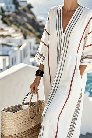 Sukienka Kaftan Damska w Paski z Dekoltem V – Biała, Luźny Fason