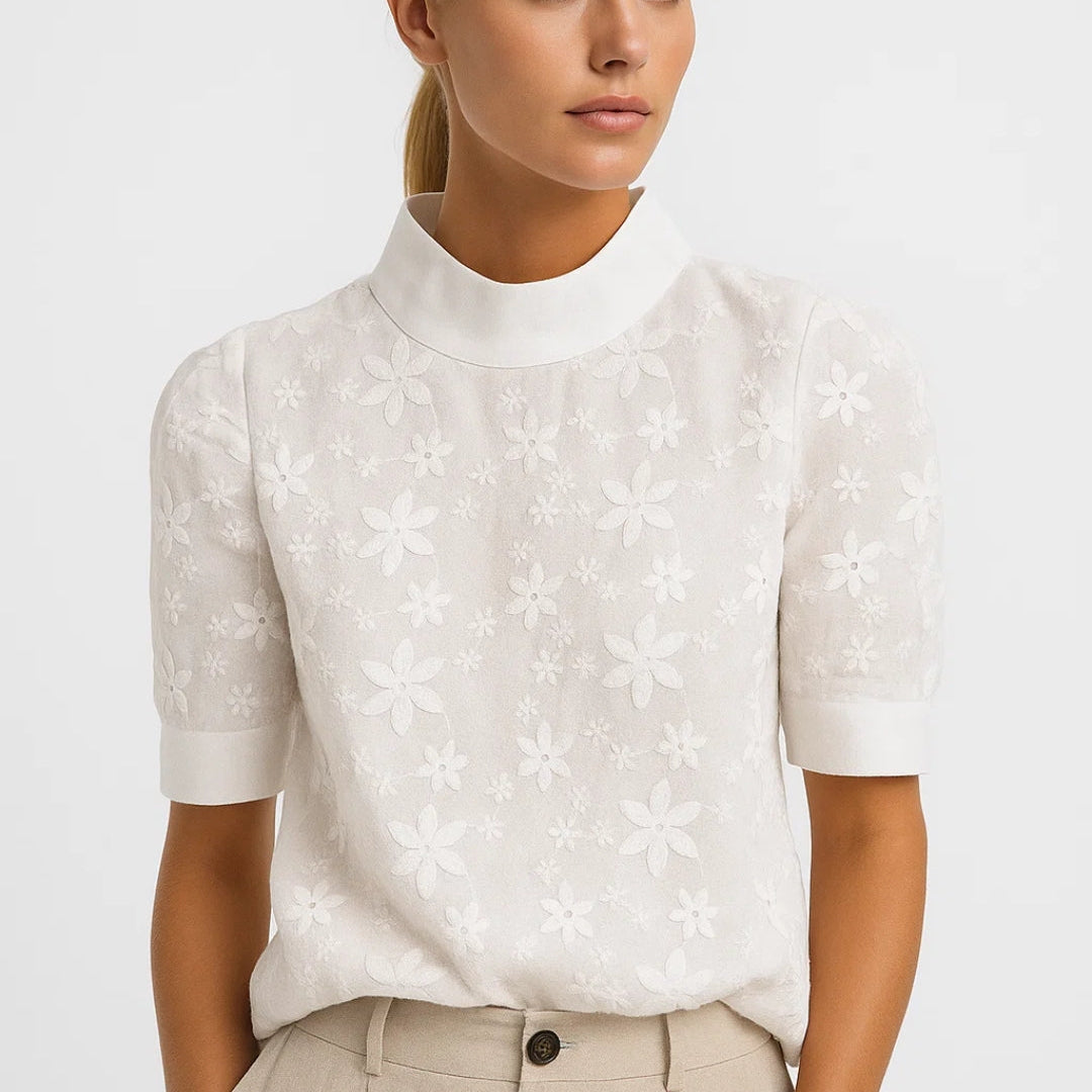 Bluzka z Haftem | Motyw Kwiatowy, Krótkie Rękawy | Elegancka Wykończenie